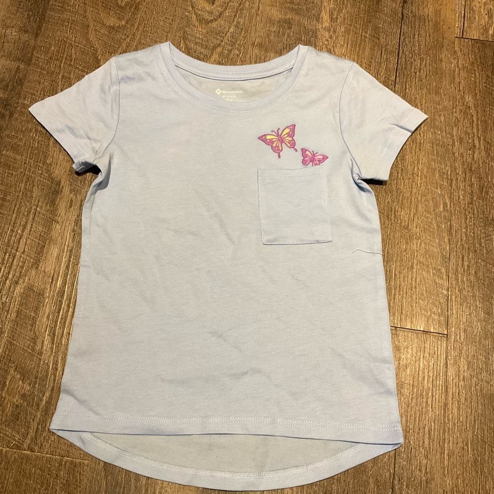 Members mark light blue, embroidered butterfly, one pocket girls T-shirt.